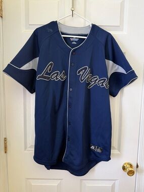 Russell Athletic Navy and Gray Las Vegas Script Baseball Jersey